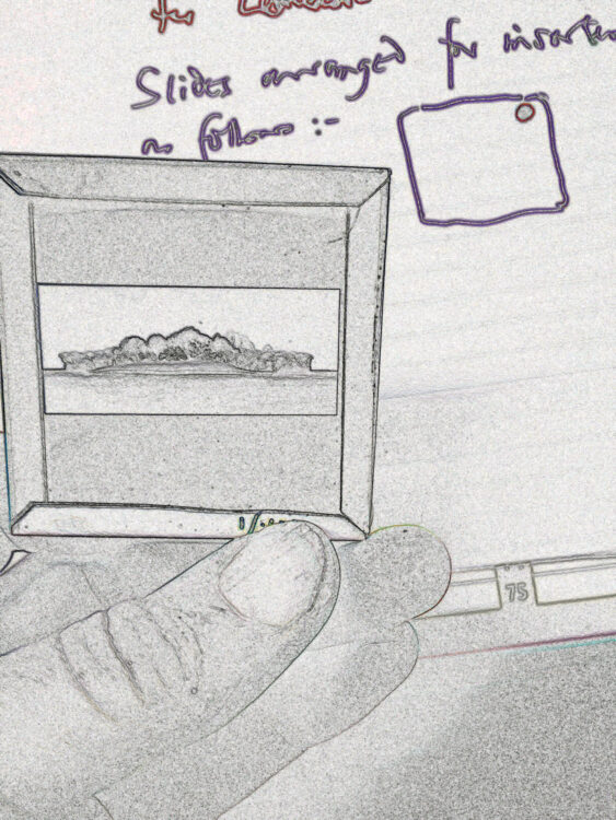 line art drawing of hand holding landscape slide